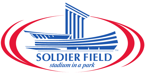 Blue stylized illustration of Soldier Field with red curved lines and the text "SOLDIER FIELD stadium in a park" beneath the image.