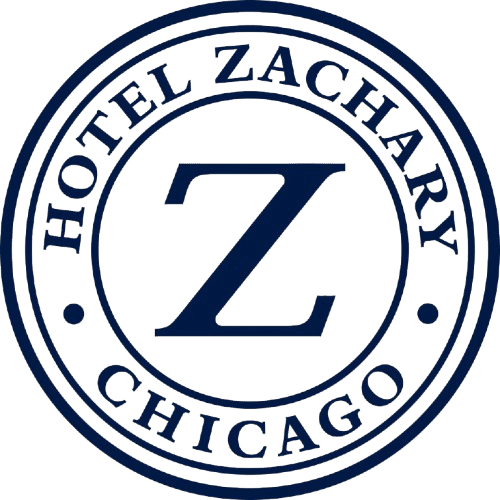 Circular logo with the text "HOTEL ZACHARY CHICAGO" around a large central letter "Z." The design features a navy blue outline and lettering on a white background.