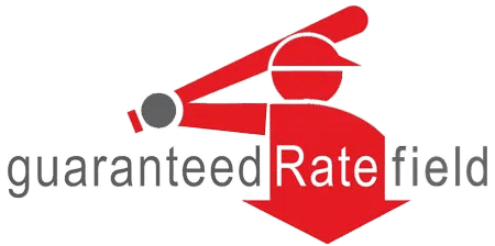 Logo for Guaranteed Rate Field featuring a stylized red baseball player holding a bat, with "guaranteed Rate field" text and a downward arrow under "Rate.