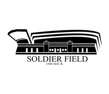 Black and white illustration of Soldier Field stadium in Chicago, Illinois, featuring its iconic structure and labeled text below.