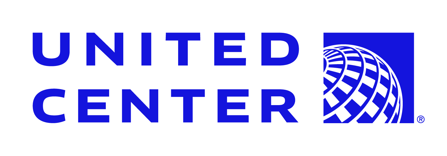 Blue and white United Center logo with the words "United Center" next to a stylized globe design.