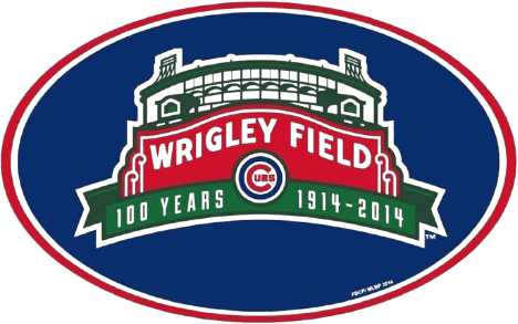 Oval emblem featuring Wrigley Field with "100 Years 1914-2014" and the Chicago Cubs logo on a blue background.