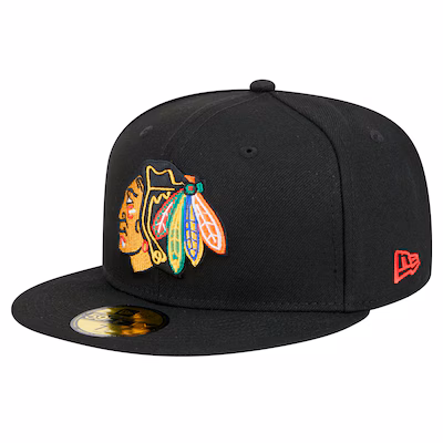 Black baseball cap featuring an embroidered Native American head logo on the front and a red New Era logo on the side.