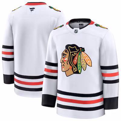 Front and back view of a white Chicago Blackhawks hockey jersey with team logo on the chest and shoulder patches.