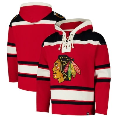 Red and black hooded hockey sweatshirt with white and black stripes and a Native American head logo on the front, shown from front and back views.
