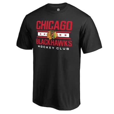 Black t-shirt featuring "Chicago Blackhawks Hockey Club" text, the team's logo, and red stars on the front.