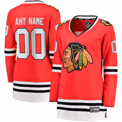 Front and back view of a customizable red Chicago Blackhawks hockey jersey featuring the team logo and "ANY NAME" with number 00.