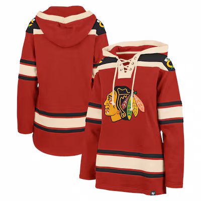 Front and back view of a red, hooded hockey jersey with black and beige stripes and a Native American head logo on the front.
