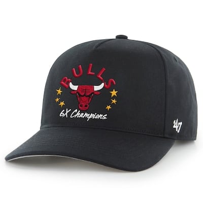 Black baseball cap with the Chicago Bulls logo, "6X Champions" text, and six yellow stars embroidered on the front.
