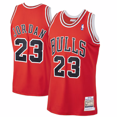 Two red Chicago Bulls basketball jerseys with number 23 and "JORDAN" on the back, "BULLS" on the front, and NBA and Mitchell & Ness tags.