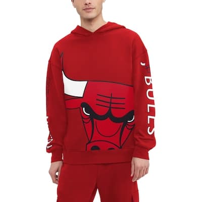 A person wearing a red Chicago Bulls hoodie with a large team logo on the front and matching red pants.