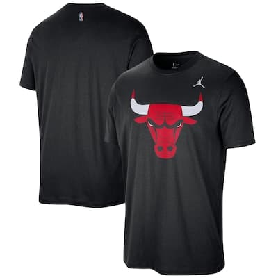 Black short-sleeve t-shirt featuring a large red Chicago Bulls logo on the front and a small NBA logo on the back below the neckline.