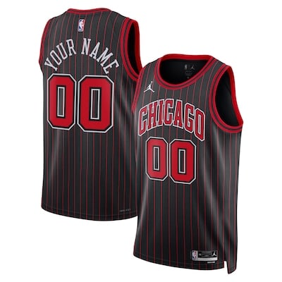 Black and red pinstriped Chicago Bulls basketball jersey with customizable name and number shown on front and back.