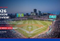 A wide-angle view of Wrigley Field during a Chicago Cubs baseball game, with text overlay previewing the Cubs’ 2026 season and marking the 10th anniversary of the 2016 World Series win.