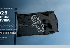 A Chicago White Sox flag waves against a blue sky with text promoting the 2026 season preview, including team outlook and the phrase 