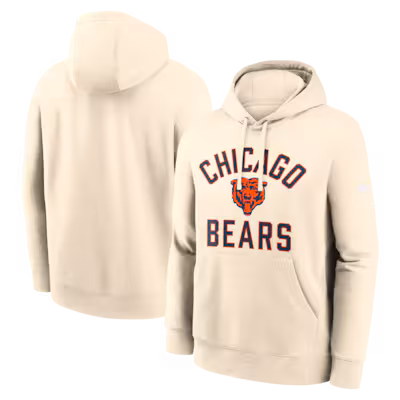 Front and back view of a cream-colored hoodie featuring the Chicago Bears logo and text on the chest.