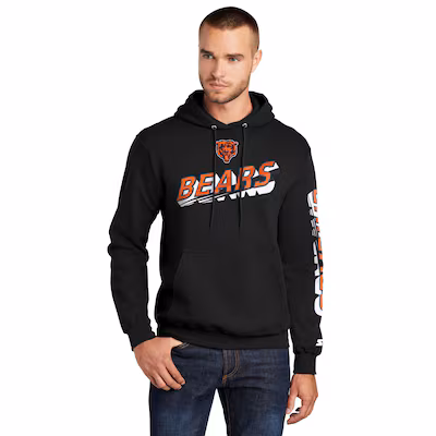 A man wearing a black hooded sweatshirt with 