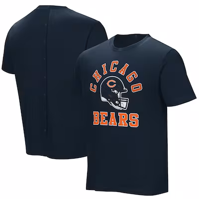 Front and back view of a navy blue T-shirt featuring a Chicago Bears football helmet and the words 