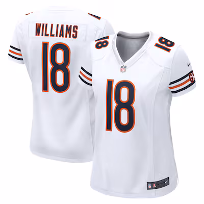 Front and back view of a white Chicago Bears football jersey with the number 18 and the name Williams on the back, featuring navy and orange accents.