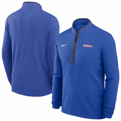Blue quarter-zip Nike pullover with long sleeves, DePaul logo on left chest, and white Nike swoosh on right chest, shown from front and back.