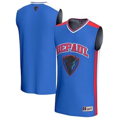 A blue basketball jersey with red and white accents, 
