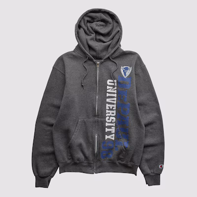 Dark gray zip-up hoodie with a hood, front pockets, and drawstrings. Features 
