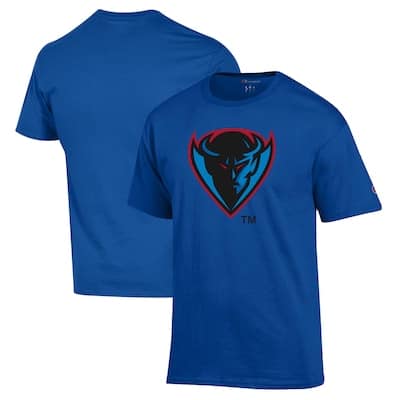 Blue short-sleeve t-shirt shown front and back, featuring a stylized bull head logo inside a heart shape on the front center.