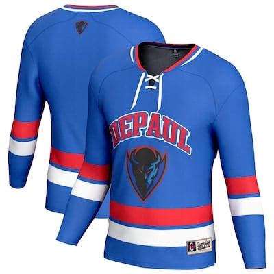 Front and back view of a blue DePaul hockey jersey with red and white stripes, a bull logo, and lace-up collar.