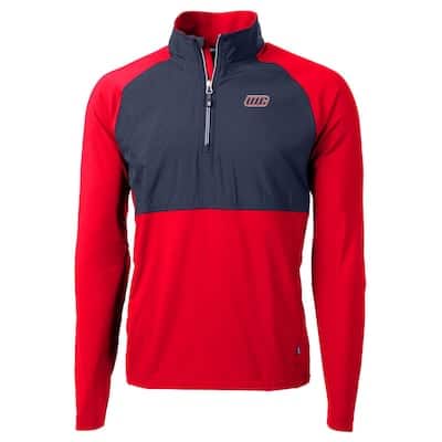 A long-sleeve pullover with a half-zip front, featuring red sleeves and lower body, and a dark gray upper chest and shoulders with a small logo on the chest.