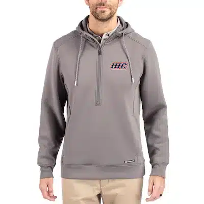 A man wearing a gray quarter-zip hoodie with a 