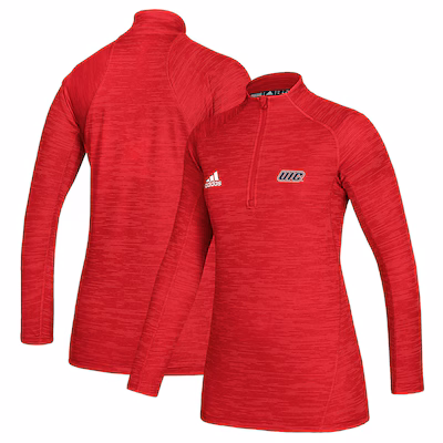 Long-sleeve red athletic quarter-zip shirt with white Adidas logo and UIC logo on the front, shown from front and back angles.