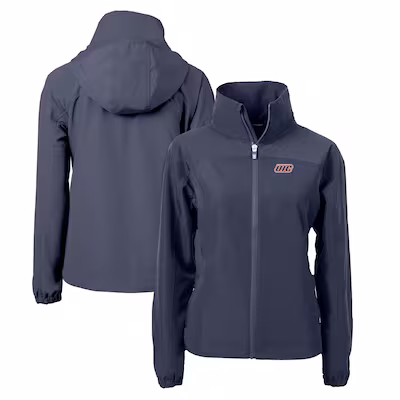Dark gray zip-up jacket shown from front and back, featuring a hood, long sleeves with elastic cuffs, and a small chest logo.