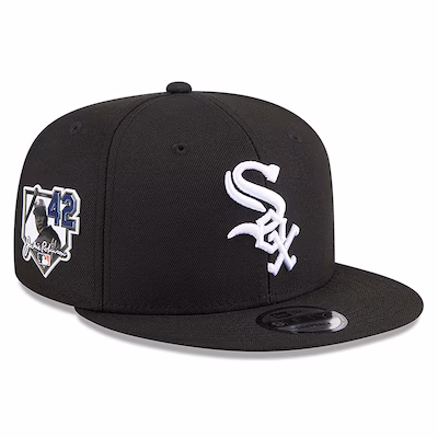 Black Chicago White Sox baseball cap with the team logo on the front and a patch featuring the number 42 and a silhouette on the side.