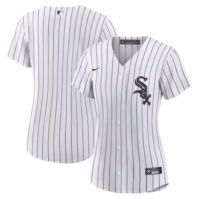 White pinstriped Chicago White Sox baseball jersey with short sleeves, button front, and team logo on the left chest, shown from front and back angles.