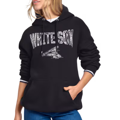 A woman wears a black hoodie with a 