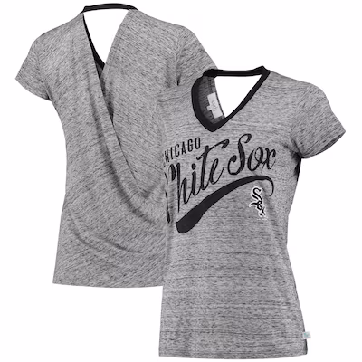 Gray women's Chicago White Sox V-neck t-shirt with team name and logo on front; back features a draped, overlapping design.
