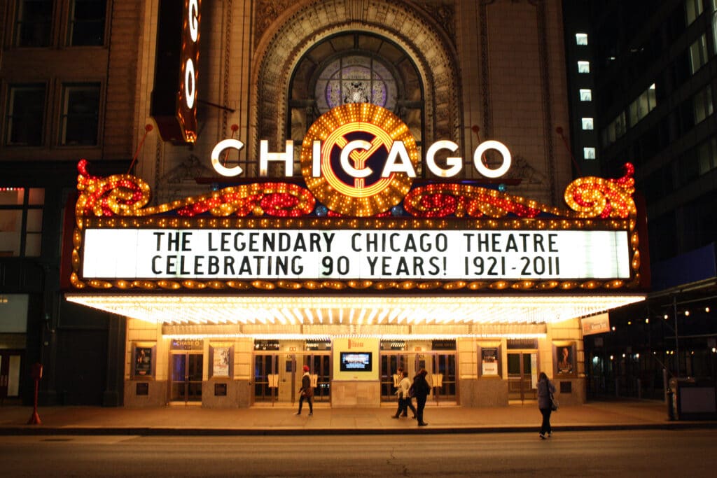 The illuminated marquee of the Chicago Theatre displays a message celebrating its 90th anniversary from 1921 to 2011.