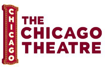 Logo for The Chicago Theatre featuring the word "Chicago" vertically in a red marquee sign and "The Chicago Theatre" in bold red text to the right.