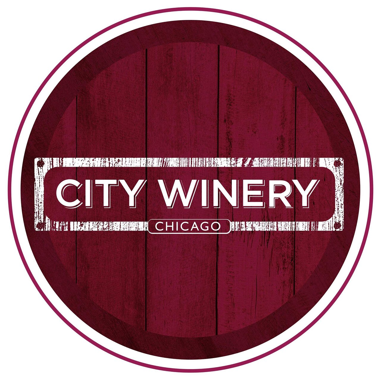Circular logo with a maroon wooden barrel design featuring the white text "CITY WINERY" and "CHICAGO" in a rectangular frame at the center.