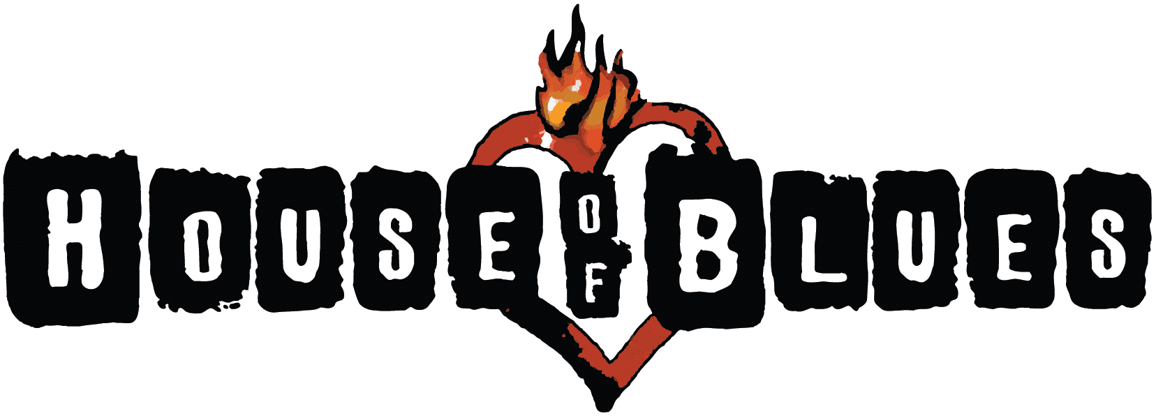 House of Blues logo with black block letters over a red heart and flame graphic; the word "Chicago" appears faintly in the bottom right.