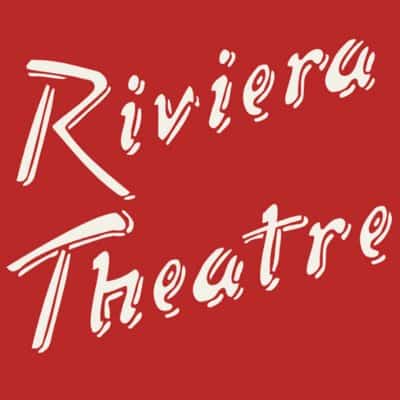 Red background with the words "Riviera Theatre" written diagonally in large, white, stylized script font.