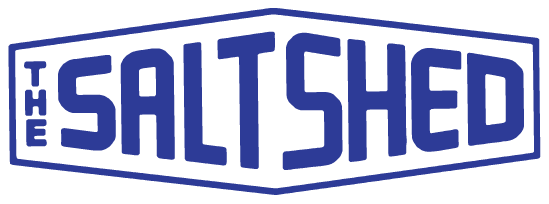 Blue logo with the words "THE SALT SHED" in bold, geometric font, arranged in a hexagonal outline on a black background.