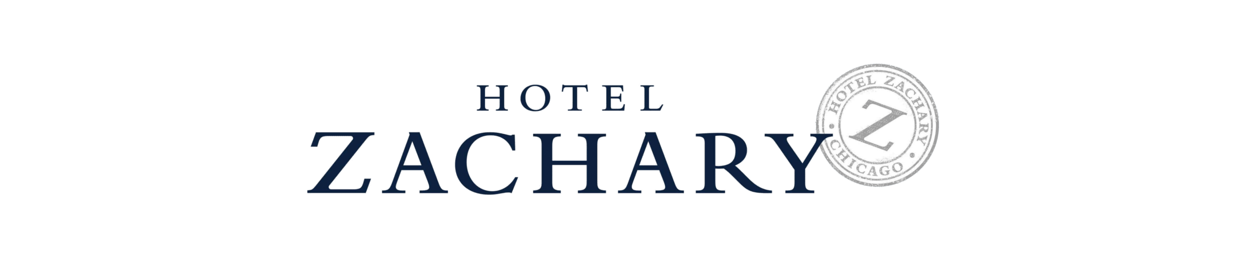 hotel-zahcary-chicago-scaled (1) Hotel Zachary logo with the words "Hotel Zachary" in dark blue text and a gray circular stamp featuring a "Z" and "Hotel Zachary Chicago" to the right.