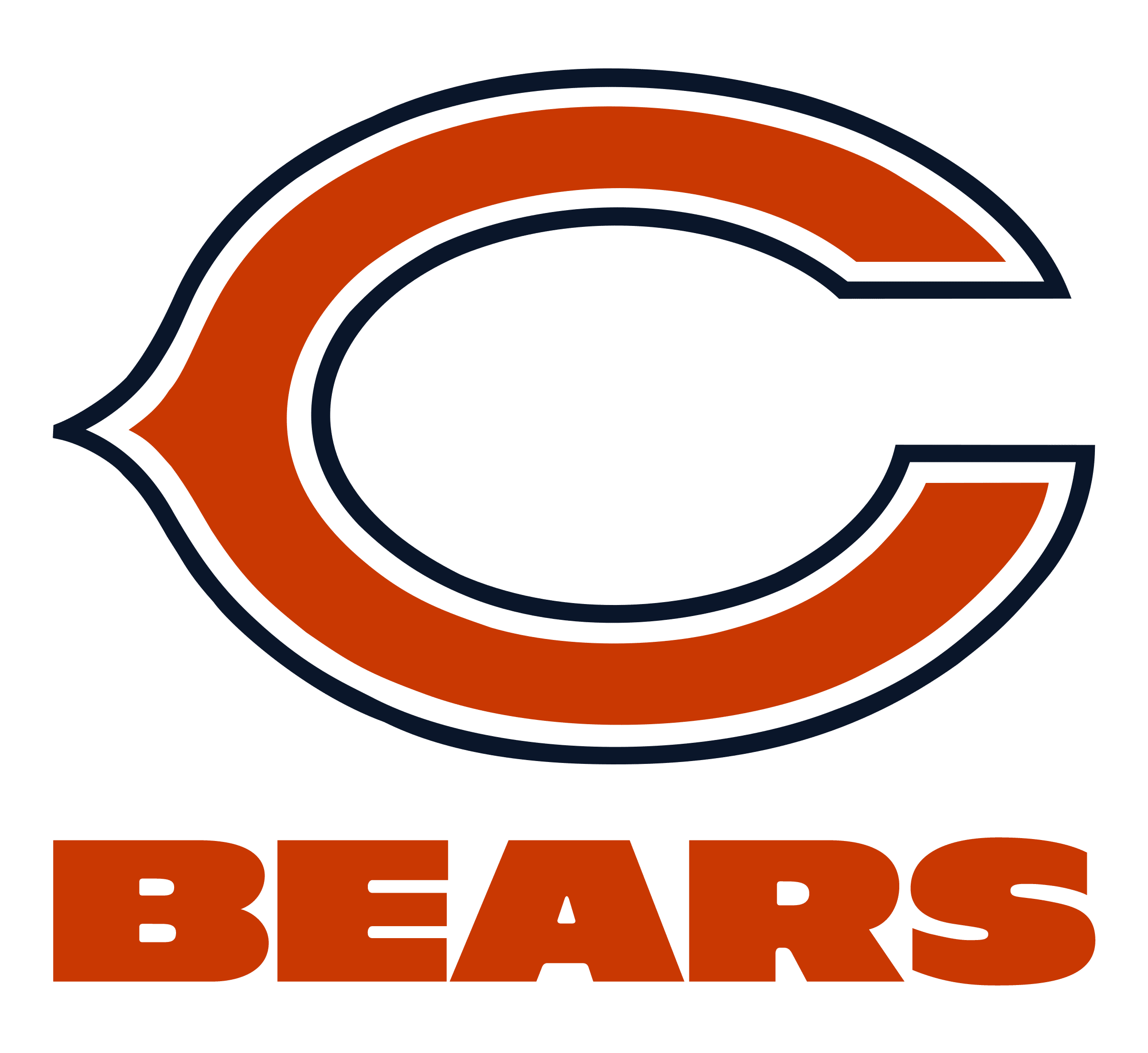 Large orange letter "C" outlined in navy blue above the bold word "BEARS" in orange; Chicago Bears NFL football team logo.