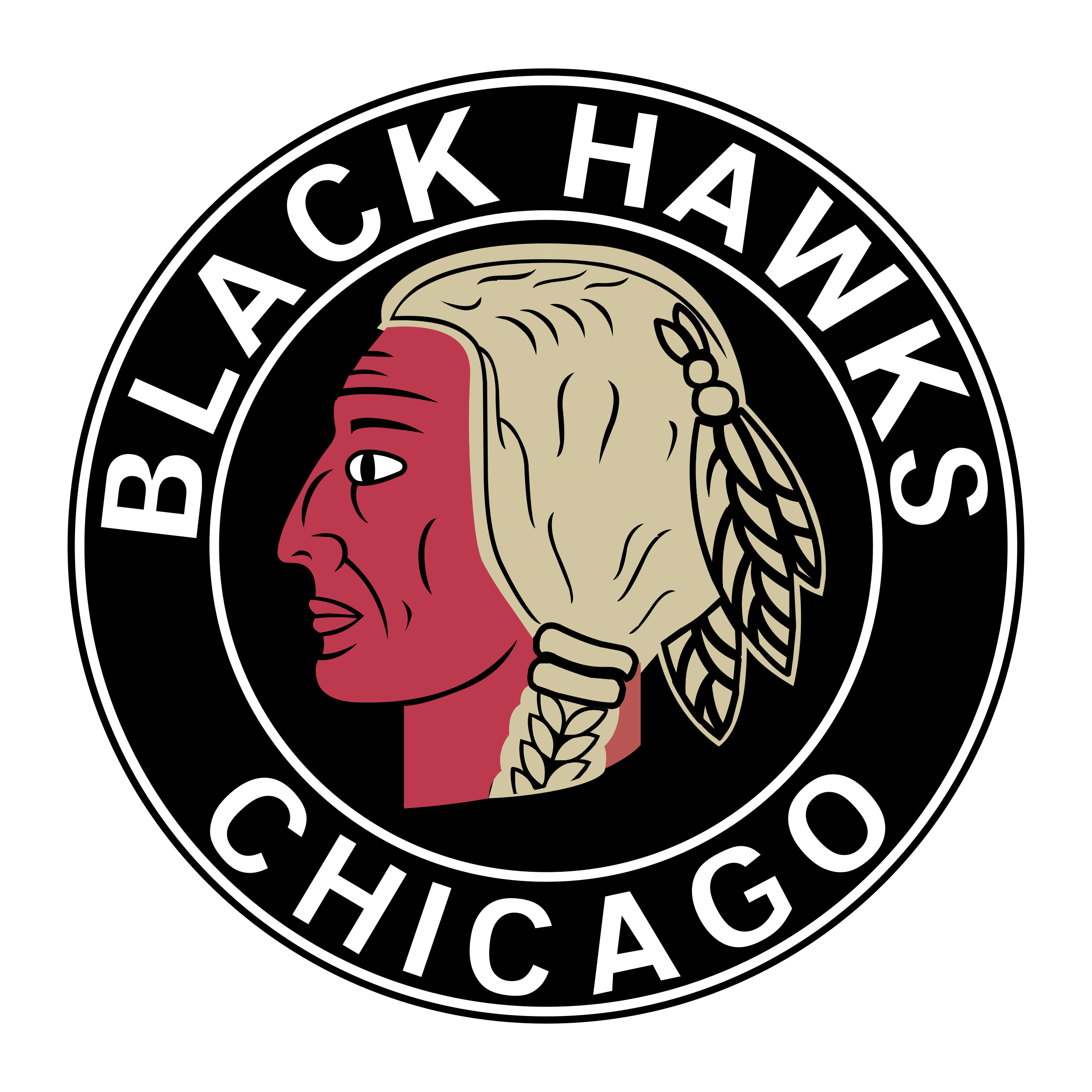 The image shows the vintage Chicago Black Hawks logo featuring a Native American profile with feathered hair inside a black circle with "BLACK HAWKS CHICAGO" text.