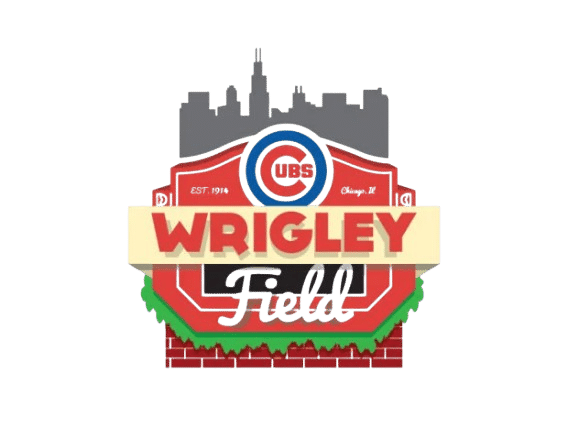 Illustrated Wrigley Field sign with Chicago skyline silhouette, "Cubs" logo, and text "EST. 1914 Chicago IL" above red, white, and green stadium design.
