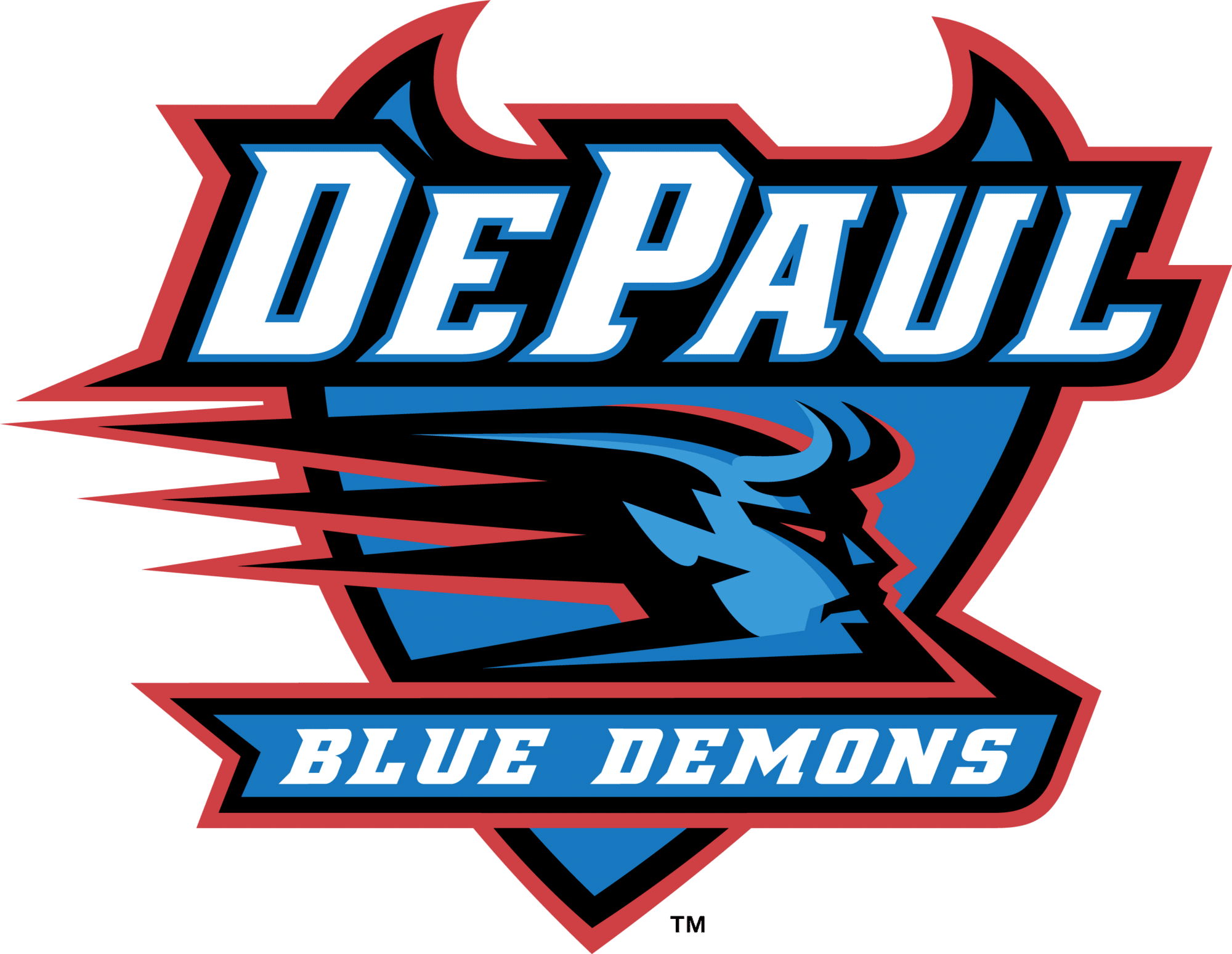 DePaul Blue Demons logo featuring stylized text and a blue demon head with red outline on a blue shield background.