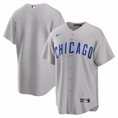 cubs-mens-jerseys Front and back view of a gray Chicago baseball jersey with blue lettering, button front, Nike logo, and official MLB branding.