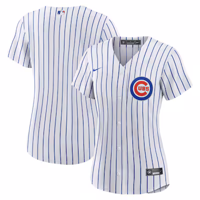 cubs-womens-jersey Front and back view of a women's Chicago Cubs white pinstripe button-up jersey with blue stripes, Cubs logo on the front, and Nike and MLB logos.