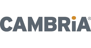 The image displays the CAMBRIA logo in bold gray letters, with the dot over the "i" colored orange.
